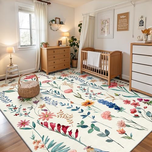 8x10 Area Rugs, Machine Washable Low Pile Floral Rugs for Living Room, Bedroom, Large Area Rug with Non-Slip Backing for Dining Room(Beige Floral) - Image 4