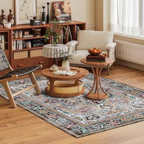 Washable Area Rug 8' x 10' Vintage Traditional Persian Mat - Foldable Distressed Non-Slip Machine Washable Carpet for Living Room Bedroom Kitchen Home Decor - Slate and Multicolor - Image 2