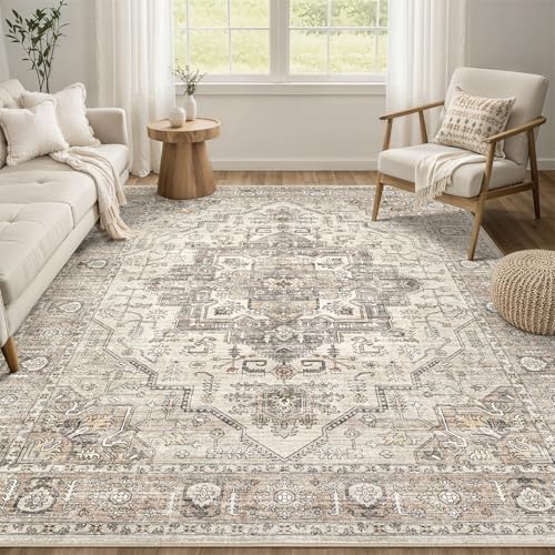 7x9 Area Rug: Washable Vintage Light Brown Rugs for Living Room by ZUNTKON