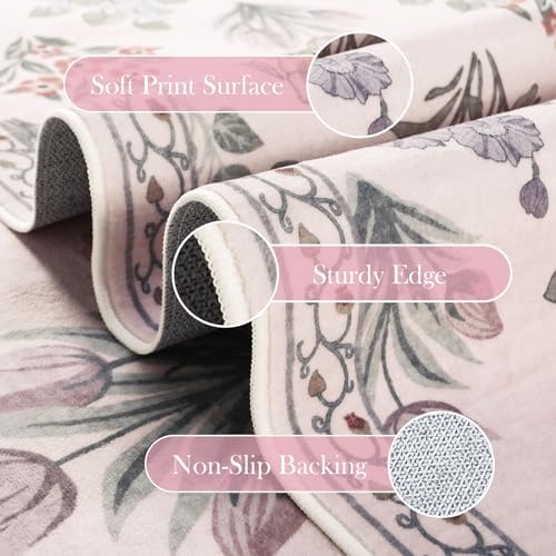 Wonnitar Floral 3x5 Washable Rug, Ultra-Thin Pink Small Rugs for Bedroom, Soft Ultra-Thin Non Slip Entryway Indoor Decor Carpet for Bedside Decor Office Girls Room Dorm, Pale Pink - Image 4