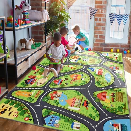BENRON Farmyard Car Play Rug 5x7 for palyroom, Educational PlayMat for Kids - Image 2