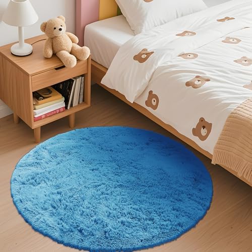 OLANLY Bright Blue Round Rugs for Bedroom - Machine Washable, 3 ft Circle Area Rugs for Living Room, Soft and Fluffy Shaggy Carpet for Teen Girl and Boys, Nursery Rooms, Dorms, Home Decor Aesthetic - Image 3