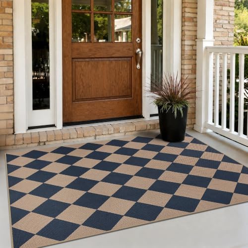 Checkered Easy Jute 4x6 Outdoor Rug Washable Non Slip Khaki Rugs for Entryway Indoor Outdoor Farmhouse Neutral Front Door Mat for Backyard Patio Proch Living Room - Image 3