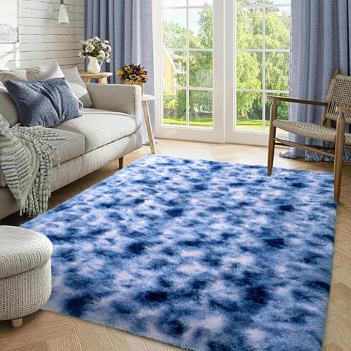 Fuzzy Blue White Rug for Bedroom Soft Fluffy 4x6 ft Living Room Rug Non-Slip Area Rugs Shag Carpet for Nursery Kids Play Room Dorm Office Indoor Modern Plush Carpets by Lo%CC%80utiRootHome