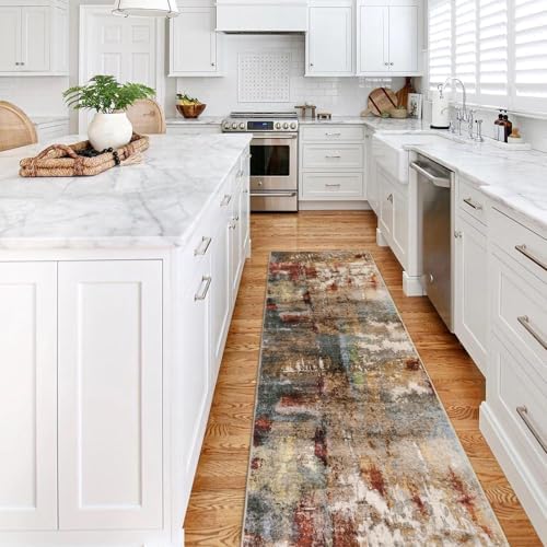Lahome Modern Abstract Kitchen Runner Rugs Non Skid Washable, 2x6 Rug Runners for Hallways Bathroom Laundry Room, Non Slip Indoor Floor Carpet Runner for Bedroom Home Decor, Red/Multi by Lahome