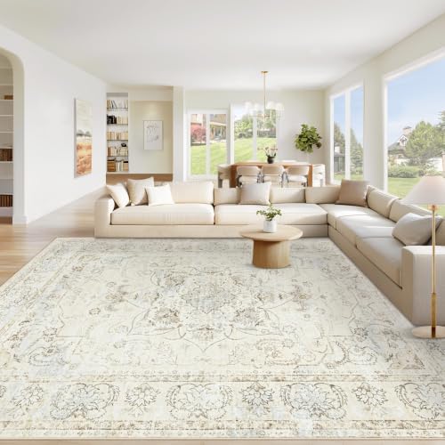 Area Rug 10x12 Washable Rug, Vintage Boho Medallion Rugs Non-Slip Soft Low Pile Large Distressed Rug Indoor Retro Carpet for Living Room Bedroom Dining Room Home Office Cream/Light Blue 10'x12' by VECARF