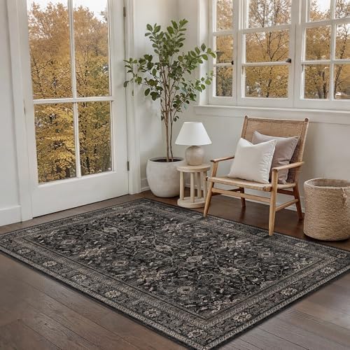 Schweek 4x6 Vintage Floral Washable Area Rug Non-Slip Entryway Rugs Black by Schweek