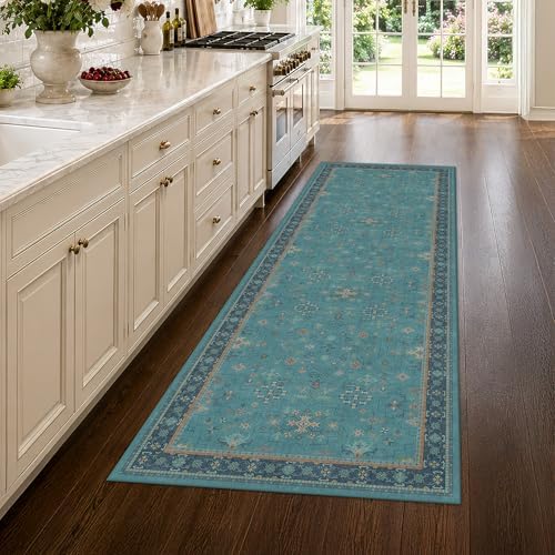 Washable 3x8 Throw Rug for Hallway - Teal Green Rugs for Entryway Indoor, Bedroom Bedside, Mudroom, Boho Eclectic Modern Décor, Non Slip Low Pile Fade Resistant by HazoHaus
