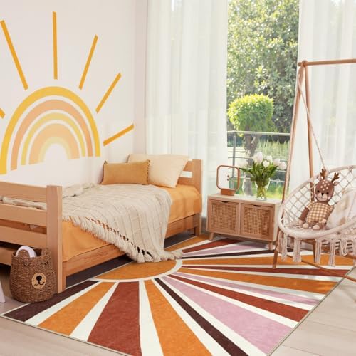 LIVEBOX Retro Sun Rug 4x6 Large Boho Rug for Bedroom Indoor Office,Machine Washable Throw Area Rug Floor Mat,Non-Slip Orange Carpet Extra Soft Nursery Rug for Kidsroom - Image 3