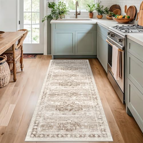 Hazo Haus Boho Long Bathroom Runner Rug 24 x 72 Washable Non Slip - Soft Stain Reistant Rugs for Kitchen, Laundry Room, Hallway Runner - Neutral Floral Design Décor (2x6 Beige/Latte) - Image 3