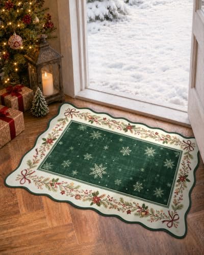 Lahome Christmas Entry Rug 2x3, Green Snowflake Bathroom Rug by Lahome