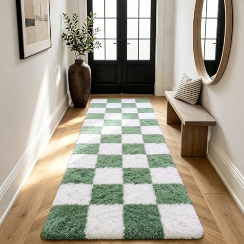 Shag Runner Rug for Bedroom Living Room 3x7 Upgrade Non-Slip Fluffy Soft Bedside Rugs,Green and White Shaggy Carpet for Livingroom Dorm Home Decor Aesthetic - Image 6