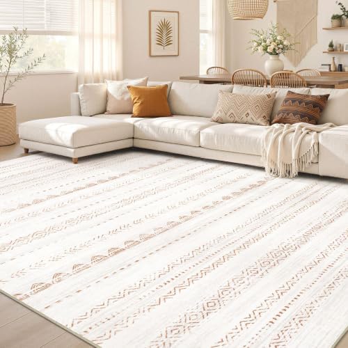 Nakagishi Area Rug Living Room Rugs: 8x11 Large Soft Machine Washable Boho Moroccan FarmNeutral Stain Resistant Indoor Floor Carpet for Bedroom Under Dining Table Home Office Decor-Cream Brown by NakagishiAreaRug