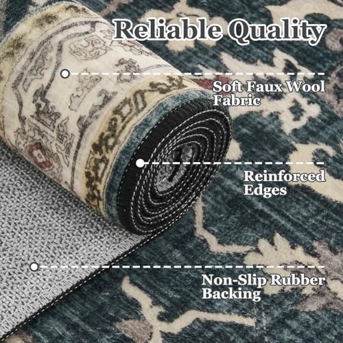 Vintage Distressed 8x10 Rugs for Living Room Bedroom, Washable Non Slip Dining Room Rugs for Under Table, Low Pile Thin Soft Carpet Farmhouse Dark Medallion Printed, Midnight/Multi - Image 5