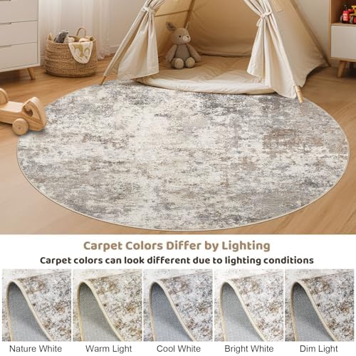 UERMEI 6ft Round Area Rug Living Room Rugs - 6x6 Washable Neutral Modern Abstract Soft Thin Rug Indoor Floor No Slip Rug Carpet for Bedroom Under Dining Table Home Office Decor - Brown Grey - Image 5