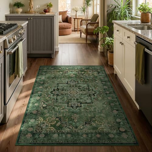 Green Medallion 4x5 Throw Rug for Large Kitchen, Distressed Vintage Small Area Rugs for Living Room Bedroom, Washable Non Slip Thin Carpet Rug for Home Office/Bathroom/Foyer by Jainmy