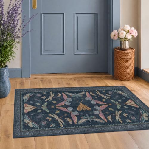 Dark Blue 2x4 Non Slip Bathroom Rug, Washable Vintage Boho Insect Carpet for Kitchen Floor, Entryway & Powder Room, Low Pile Indoor Aesthetic Rug - Image 3