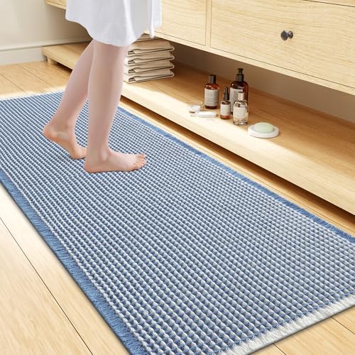 Smiry Waffle Bath Mat 47X24, Soft Absorbent Bathroom Rugs, Blue & Cream by Smiry