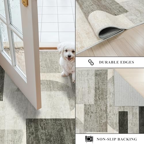 TOPRUUG Area Rug 5x6 Washable: Geometric Non-Slip Low Pile Rugs for Living Room Large Kitchen Bedroom Office - Ultra Soft Modern Aesthetic Home Decor (Beige/Olive Green/Gray, 5X6) - Image 6