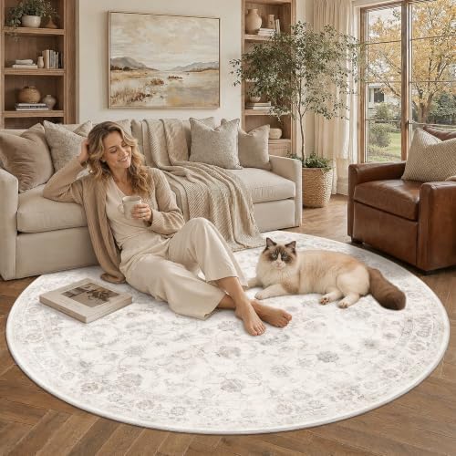 Washable 6ft Round Living Room Rug Non-Slip Floral Beige Throw Carpet - Image 4