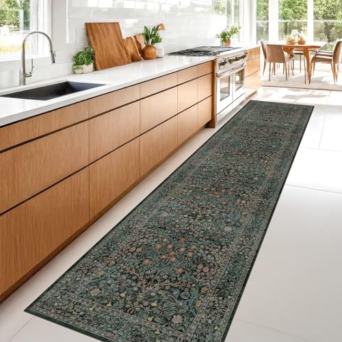 Dark Green Washable 3x16 Extra Long Runner Rug for Hallway Non Slip, Large Kitchen Indoor Floor Rugs for Entryway Hall Way, Soft Stain Resistant Low Pile Vintage Floral Carpet - Image 3