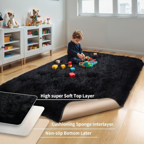 5x8 Thick Black Fluffy Shag Rug for Bedroom, Plush Washable Carpet - Image 4