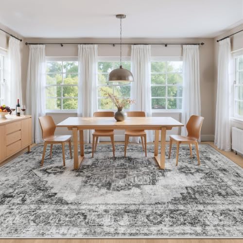 Area Rug 9x12 Vintage Rugs: Large Washable Indoor Medallion Rug Low Pile Distressed Floor Carpet Retro Accent Rugs for Living Room Bedroom Kitchen Dining Table Home Office(Black, 9'x12') - Image 3