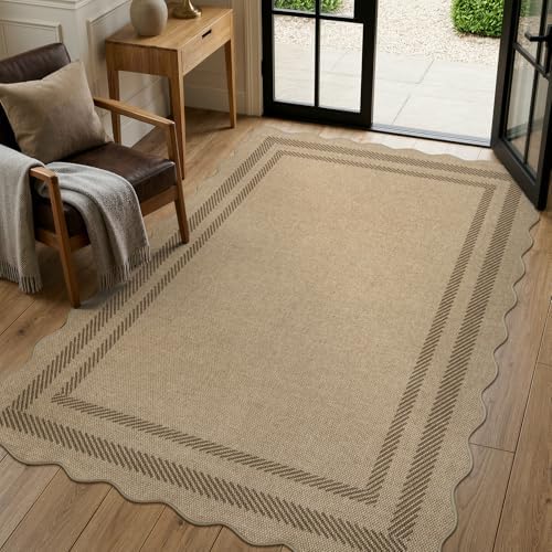 LIVEBOX Scalloped Easy Jute 4x6 Outdoor Rug, Washable Non Slip Geometric Area Rugs for Living Room Bedroom, Indoor Outdoor Farmhouse Rug Modern Carpet Door Mat Tan Rugs for Patio Dining Room Entryway by LIVEBOX