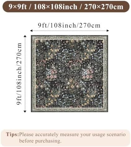 9x9 Square Area Rug Living Room, Non-Slip Floral Washable 8ft Square Rug Low Pile Thin Indoor Carpets for Dining Room Bedroom Office High Traffic Area Boho Vintage Home Decor (9ft Square, Black) - Image 2