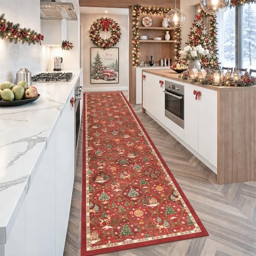 Christmas 2x10 Runner Rugs for Hallway, Red Non Slip Washable Kitchen Rug - Image 4