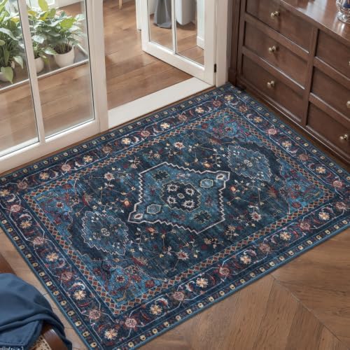 Tangsoo Oriental Blue Small 2x3 Washable Rugs, Vintage Non Slip Rug Carpet, Indoor Front Door Rug for Entryway, Door Mat Indoor Entrance Soft Low Pile Throw Rugs for Entry Kitchen Bedroom Home Decor by Tangsoo