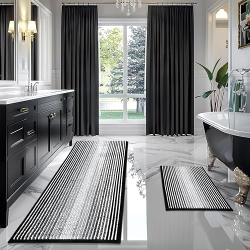 BSICPRO Bathroom Rugs Sets 2 Piece, Non Slip Striped Bath Mats, Black by BSICPRO
