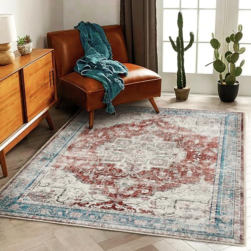 CHAMPLANT 3'x5' Vintage Red Blue Washable Thin Area Rug Traditional Floor Cover Foldable Indoor Distressed Non Slip Carpet Floral Print Mat Bedroom Living Room Bathroom by CHAMPLANT