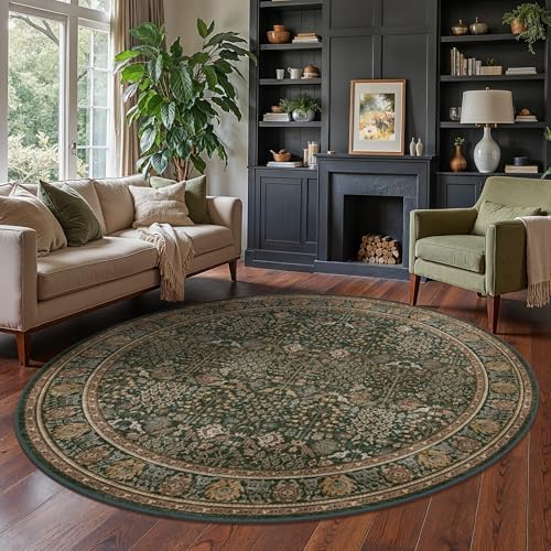 Bavni 8ft Round Area Rug 8x8, Washable Non Slip, Dark Green Brown by BAVNI