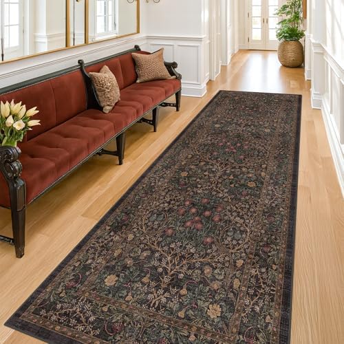 Vintage 8ft Long Runners for Hallways, Washable Dark Brown 3x8 Kitchen Runner Rug, Entryway Indoor Runner, Non Slip Boho Natural Floor Décor for High Traffic Area by HazoHaus