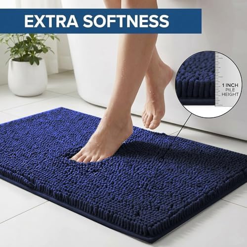 Bathroom Rugs Sets 2 Piece,Super Absorbent Chenille Bath Mats and U-Shaped Toilet Rug,Strong PVC Non Slip Backing,Microfiber Washable Dry Quickly Bath Mats for Bathroom(20"x32"+20"x20"U,Navy Blue) - Image 3