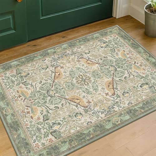Sage Green Boho Bathroom Rugs - 2x3 Washable Non-Slip Soft Low Pile Area Rug for Entryway, Kitchen, and Decorative Door Mats - Vintage Farmhouse Design with Bird & Botanical Pattern Boho Décor by HazoHaus