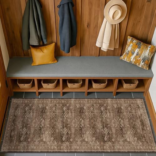 Brown 2x5 Entryway Runner Rugs, Small Runners for Kitchen, Door Mat Indoor Entrance, Bathroom, Non-Slip Low-Pile Washable Stain Resistant, Vintage Taupe Earthy Decor - Image 3