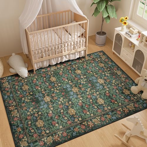 DUKINO 6x9 Area Rug, Vintage Floral Washable Rugs for Living Room, Green - Image 5