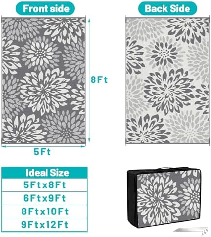 HEBE Waterproof Outdoor Rug 5'x8', Floral Reversible Plastic Patio Rug - Image 2