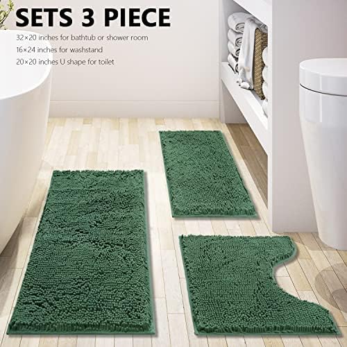 Green Bathroom Rug Chenille 3-Piece Extra Soft and Absorbent Shag Bath Mat Set, Machine Wash Bathroom Rug Set, Strong PVC Non-Slip Underside, Plush Carpet Bath Mat (Dark Green) - Image 3