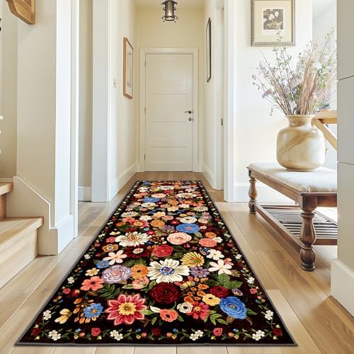 Black Brown Floral Hallway Runner Rug 3x7 for Bedroom Kitchen by WelcometoBabovid