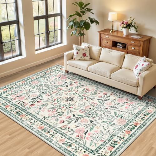 PLHXFR 6x9 Area Rug Living Room: Floral Washable Boho Carpet Green Beige by PLHXFRSoftAreaRugs