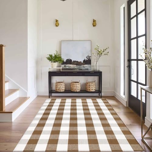 Buffalo Plaid Outdoor Rugs, 4' x 6' Brown and White Checkered Indoor/Outdoor Area Rug, Layering Rug for Hello/Welcome Door Mat, Washable Cotton Woven Farmhouse Mat for Fall Front Porch Décor - Image 6