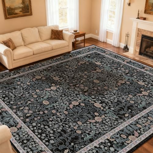 Area Rug for Living Room 10x12 Washable Soft Carpet (Black Flora) - Image 3