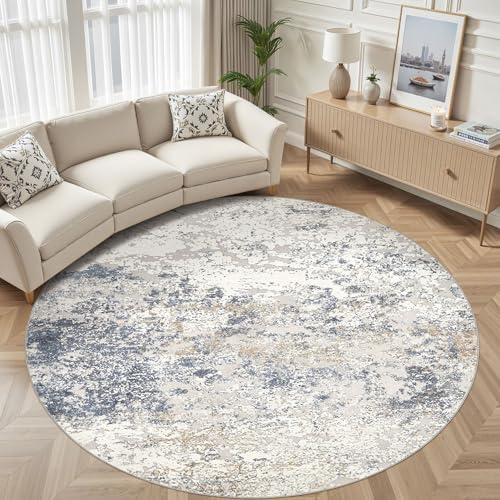 DMOYEST 10ft Round Area Rug Living Room Rugs - 10x10 Washable Circle Rug Large Soft Indoor Neutral Modern Abstract Low Pile Carpet for Bedroom Dining Room Farmhouse Home Office - Beige Blue by DMOYEST