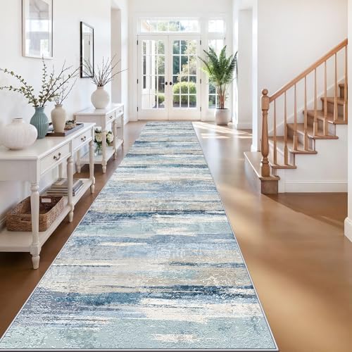 Hallway Runner Rug 3x15 Washbale - Modern Abstract Stain Resistant Kitchen Rugs with Non Slip Backing Soft Entryway Living Room Carpet Indoor Lightweight Home Decor Floor Thin Mat 3x15 Blue by YOUFORTONG