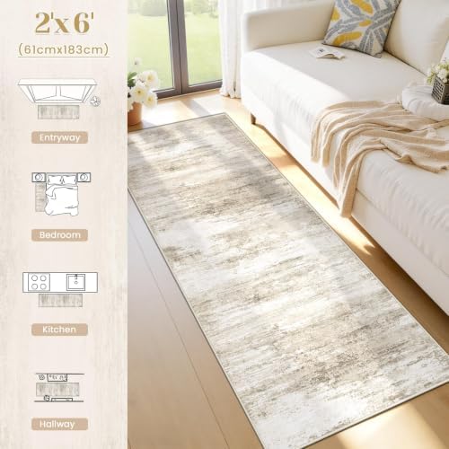 Washable 2x6 Runner Rug for Hallway: Kitchen Runner Non Slip Neutral Soft Abstract Modern Low Pile Stain Resistant Carpet Runner for Bedroom Beside Entryway Bathroom Laundry Indoor (Beige, 2'x6') - Image 5