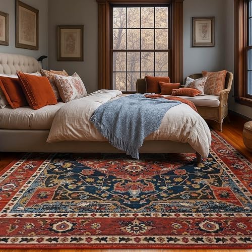 YJ.GWL Area Rugs for Living Room 6x9 Machine Washable Rugs, Non Slip Floral Vintage Rug Indoor Carpet, Stain Resistant Large Rug for Bedroom Dining Room, Orange-Red - Image 4