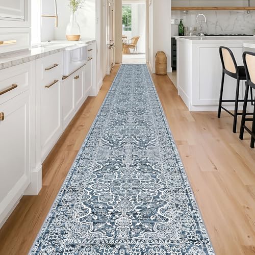 KUTA Extra Long Hallway Runner2.6x20 Washable Blue Vintage Stair Runners - Image 2